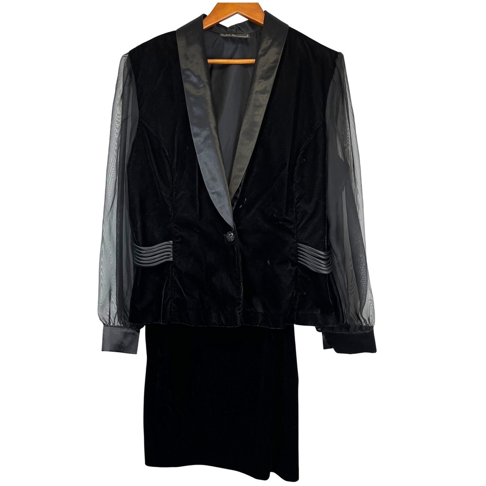 R&K Evening Vintage Glam Black Velvet‎ Skirt Suit Sheer Mesh Sleeve Blazer Set